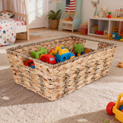 Water Hyacinth storage basket with Handle Shelf Organizing Storage Baskets Hand-woven Rattan Baskets Pantry Bin Organizers for Shelves, Living Room,Decor(Middle)