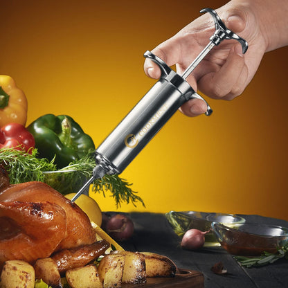 JY COOKMENT Meat Injector Syringe 2-oz Marinade Flavor Barrel 304 Stainless Steel with 3 Professional Needles 2 Cleaning Brushes and 4 Silicone O-Rings
