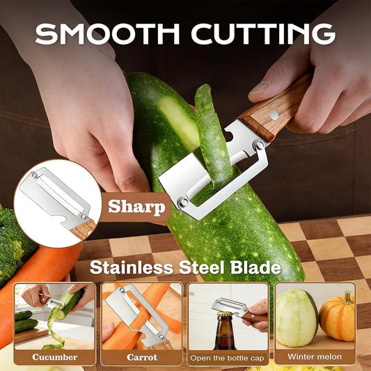 Vegetable Peeler with Wooden Handle and Bottle Opener, 2-in-1 Stainless Steel Kitchen Tool for Fruits, Potatoes, Pumpkins, 2 Pack