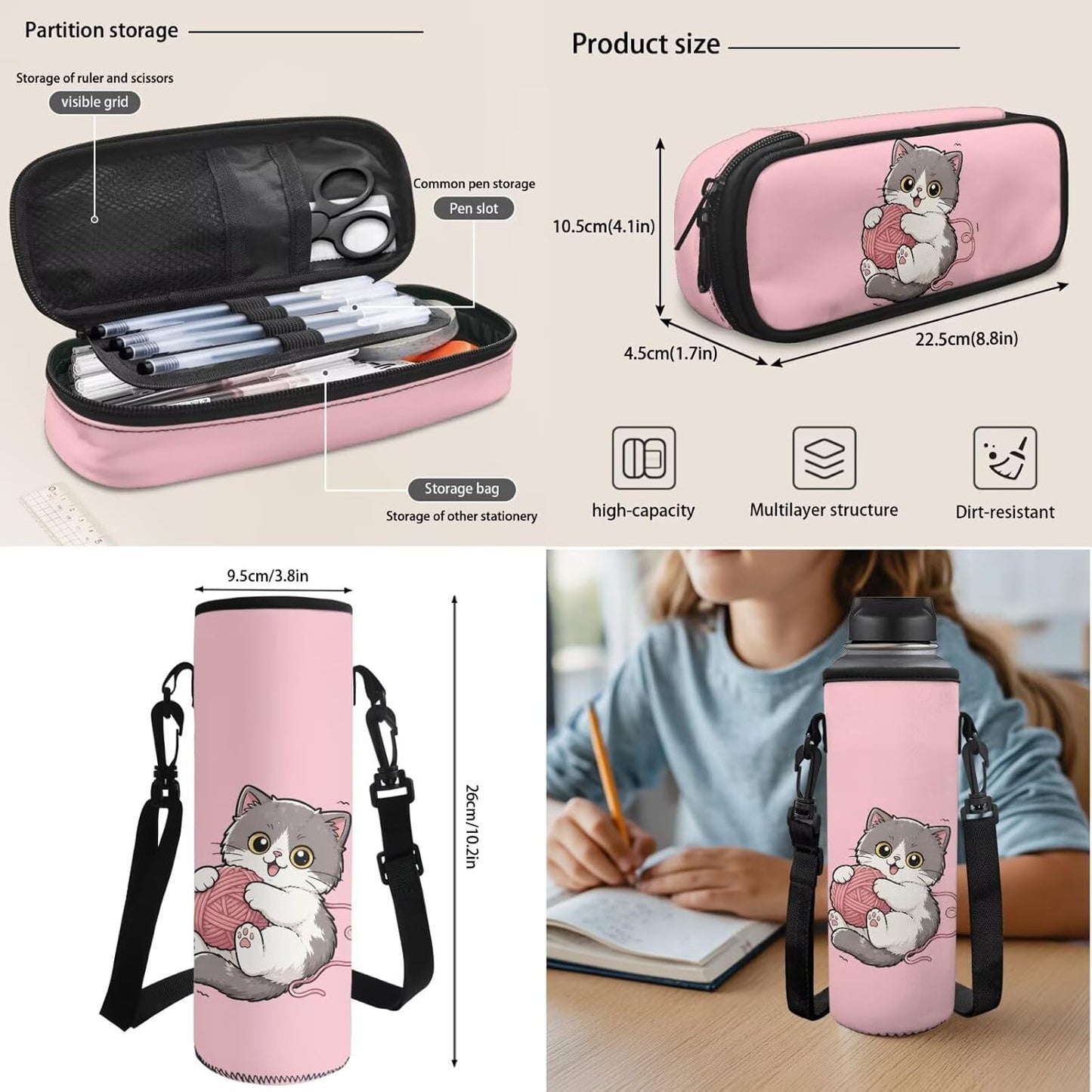 Cute Capybara Pizza Backpack for Girls, 5 Pcs Boys School Bag Set for Kids, 17 Inch Backpacks Lunch Pencil Box Reusable Utensils Case Set for Middle Elementary School, 3rd Grade Backpack