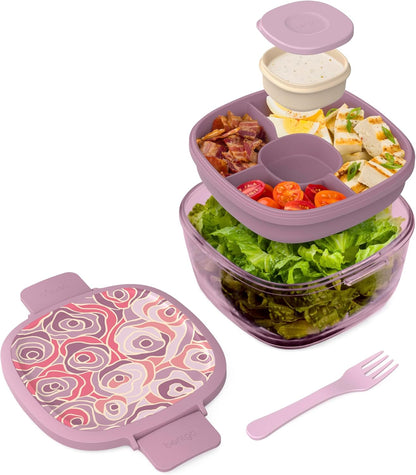 Bentgo Glass Salad Container - 7.6-Cup Salad Bowl with Airtight Lid, Leak-Proof Sauce Container, 4-Compartment Bento Tray & Reusable Fork - BPA-Free for Meal Prep, Office & More (Light Blue)