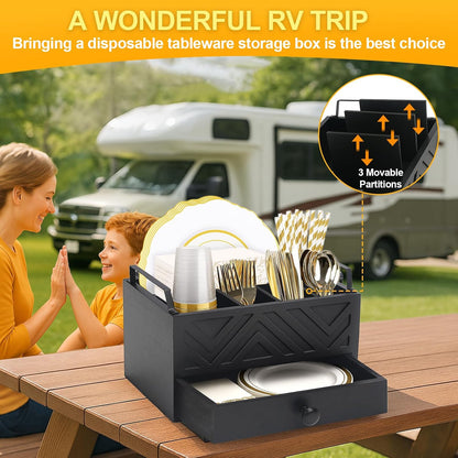 Paper Plate Dispenser with Drawer, country style Wood Kitchen Counter, Picnic, Party, Camping - Caddy Organizer for Cups, Spoons, Forks, Plates, office supplies, Napkins & Silverware