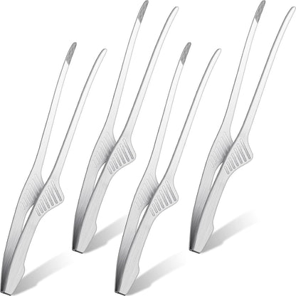 Patelai 2 Pieces Korean and Japanese BBQ Tongs Non Slip Cooking Utensils Stainless Steel Tongs for Serving Food, Salad, Camping, Barbecue, Buffet, Oven with Support Stand (Silver)