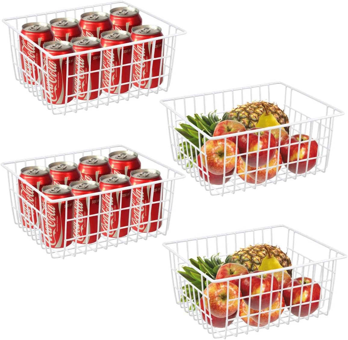 White Wire Storage Baskets,11.1"x8.7"x4.7"Wire Freezer Storage Organizer Bins Farmhouse Metal Freezer Basket with Handles for Cabinets, Pantry, Closets, Bedrooms,White,4 Pack