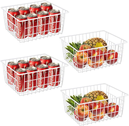 White Wire Storage Baskets,11.1"x8.7"x4.7"Wire Freezer Storage Organizer Bins Farmhouse Metal Freezer Basket with Handles for Cabinets, Pantry, Closets, Bedrooms,White,4 Pack