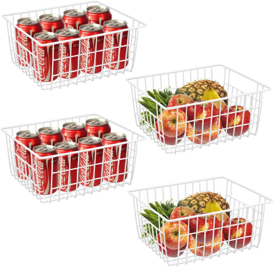 White Wire Storage Baskets,11.1"x8.7"x4.7"Wire Freezer Storage Organizer Bins Farmhouse Metal Freezer Basket with Handles for Cabinets, Pantry, Closets, Bedrooms,White,4 Pack