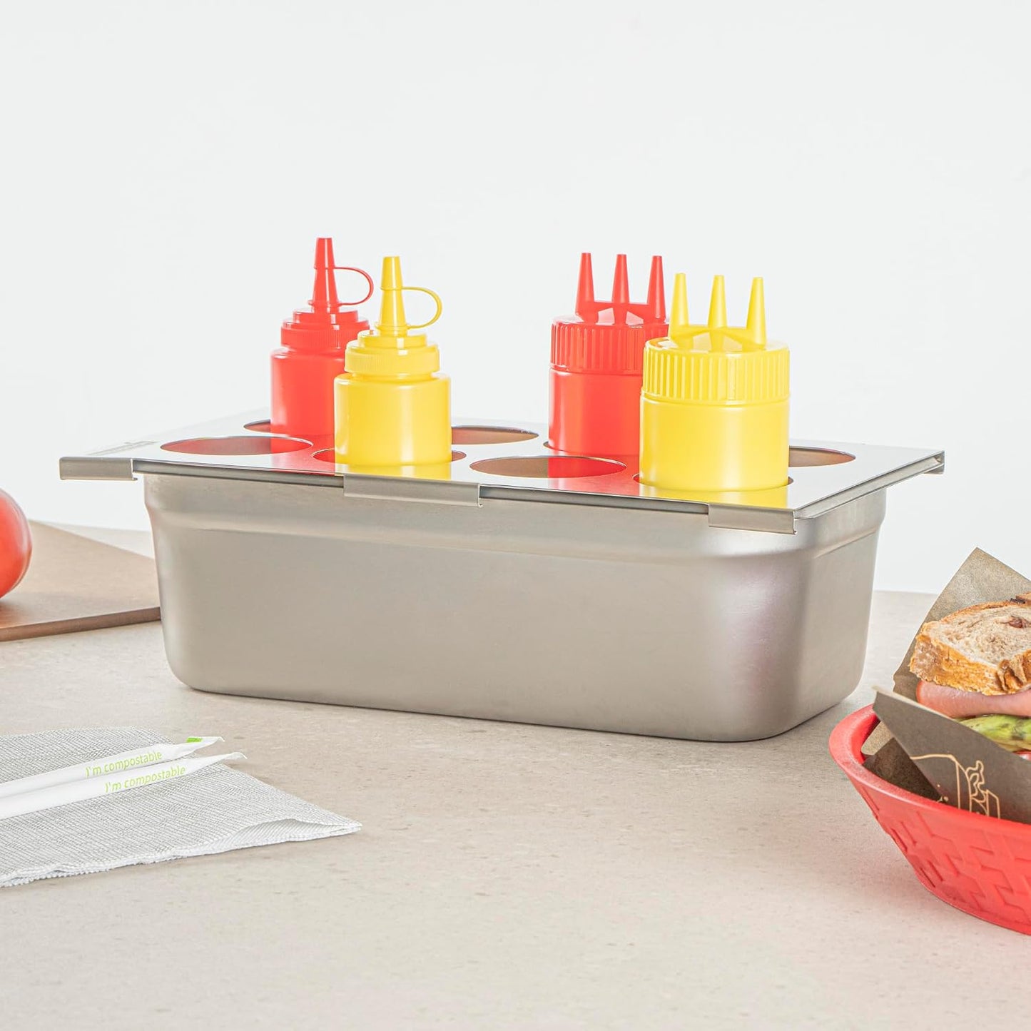 Restaurantware Stainless Steel Bottle Organizer - 1 Count - 6.299 x 7.087 x 0.394 Inches - Dishwasher-Friendly Condiment Holder - Kitchen Bottle Rack - Space-Saving Design - Silver