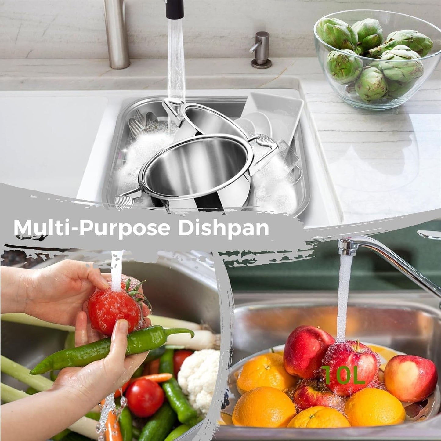 yeesport 2-in-1 Washing Up Bowl Set, Stainless Steel Dish Tub with Colander, Fruit Vegetable Washing Basin, Multi-purpose Bowl Kit for Washing and Draining Rice, Pasta, Food Strainer Mixing Bowl