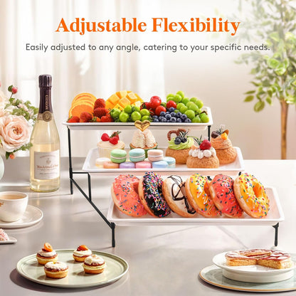 Lifewit 3 Tier Serving Tray, 30 x 17 cm/12 x 6.5" White Plastic Tiered Food Serving Platters, Tiered Tray Stand for Party with Black Collapsible Metal Stand, Dessert Display Stand for Cookies/Crackers