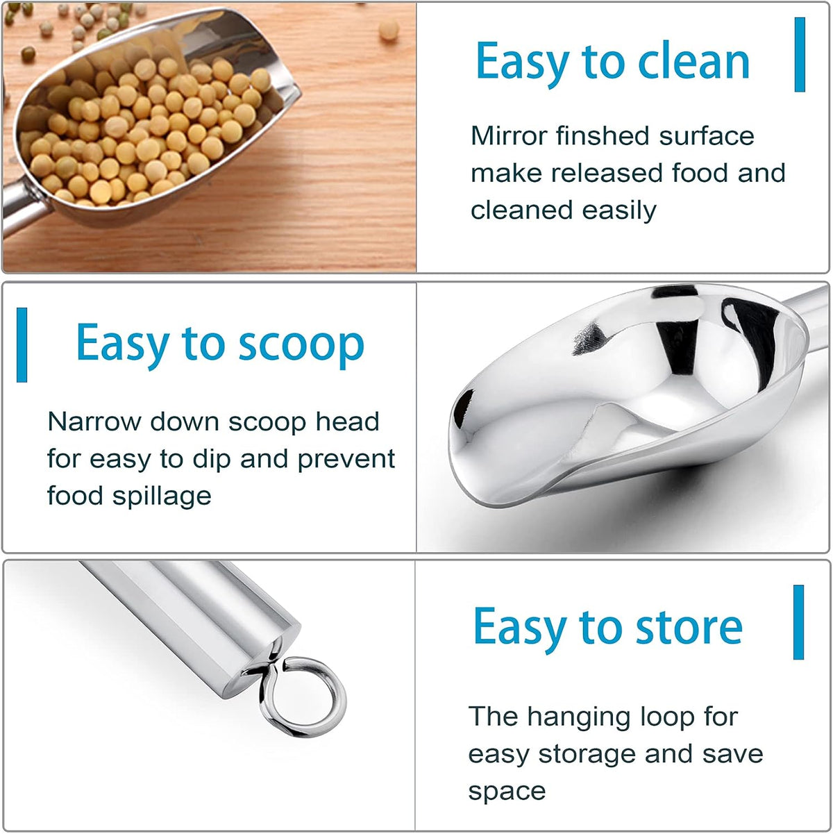 P&P CHEF Ice Scoop Set of 3, Stainless Steel food Scoop, 3+3+3 Oz & Silver
