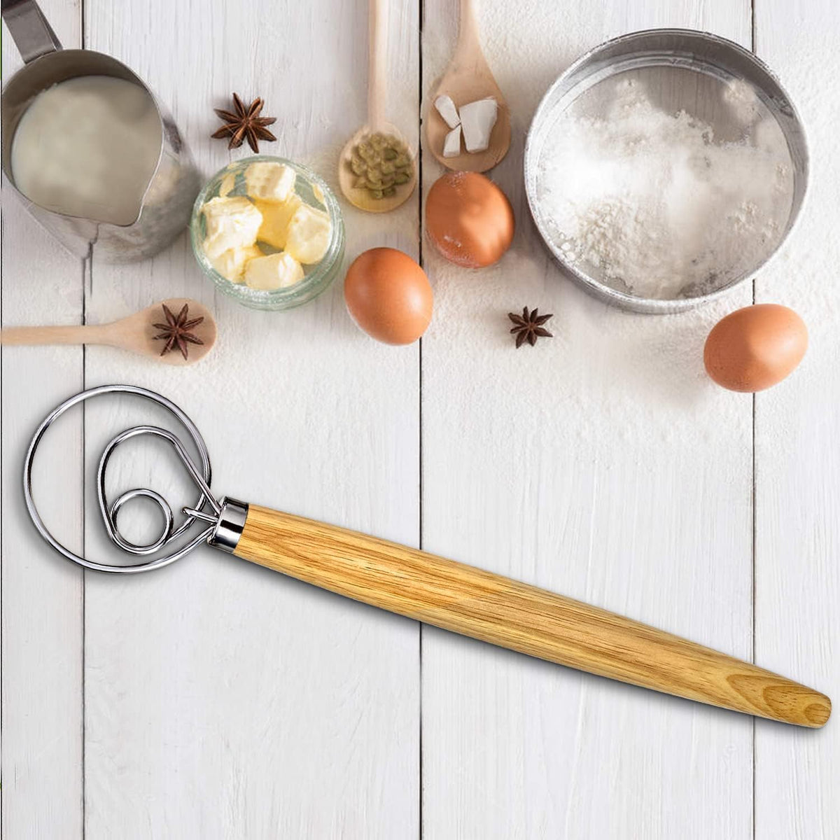 Danish Dough Whisk, Sourdough Tools For Bread Mixer,Sourdough Starter Kit, Dutch Style Bread Whisk For Sourdough Cooking Kitchen with Stainless Steel Danish Sourdough Whisks13" and Dough Scraper