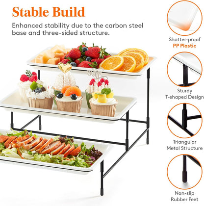 Lifewit 3 Tier Serving Tray, 30 x 17 cm/12 x 6.5" White Plastic Tiered Food Serving Platters, Tiered Tray Stand for Party with Black Collapsible Metal Stand, Dessert Display Stand for Cookies/Crackers