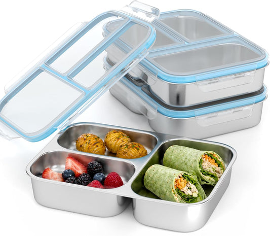 3 Pack Stainless Steel Snack Container, 3- Compartment Lunch Container with Lid, Reusable Food Storage Box for Snacks & Meal Prep (650ml / 22oz)