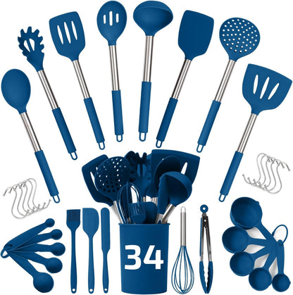Silicone Kitchen Utensils Set 34 Pieces 450 °F Heat Resistant - Grey Cooking Utensils-Set for Nonstick Cookware - Silicone Spatulas Set, Stainless Steel Handle & Other Kitchen accessories