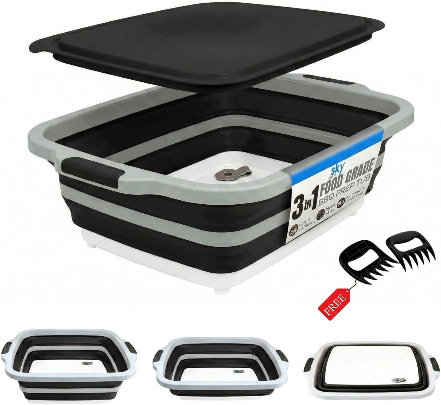 Collapsible BBQ Prep Tub with Lid - XL 4.22 GAL Folding Cutting Board & Food Basin for Outdoor Cooking, Marinating Container, Space Saving Prep Station