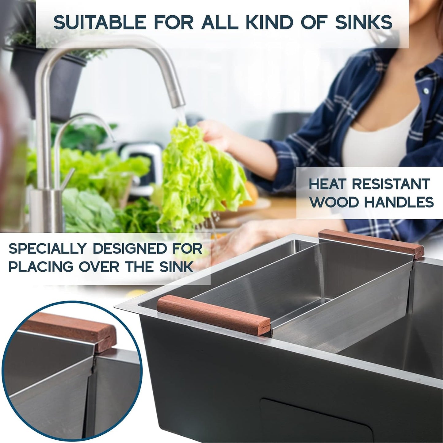 Strictly Sinks Gold Stainless Steel Colander - Premium Quality Over the Sink Colander with Non-Slip Handles, Sink Colander for Kitchen Sink to Rinse Fruits & Vegetables(17-3/8" x 8-1/8" x 4-3/4")