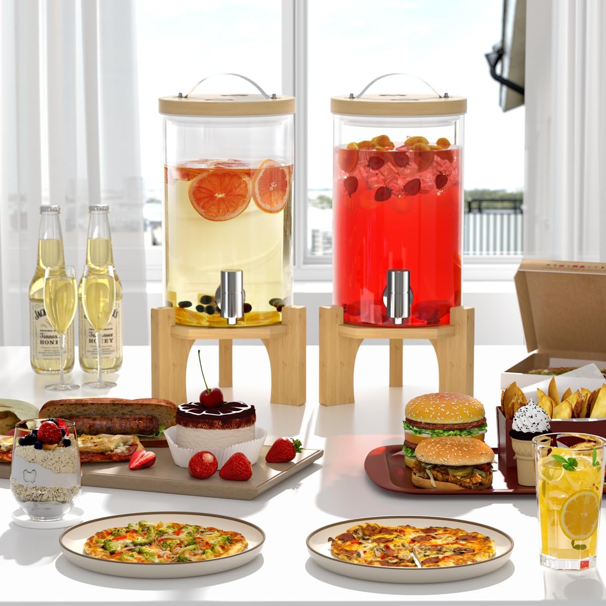 1 Gallon Glass Drink Dispenser For Parties, Beverage Dispenser With Bamboo Wood Stand And Stainless Steel Spigot, Countertop Water Dispenser, Lemonade Dispenser For Wedding, Picnic (1PACK)