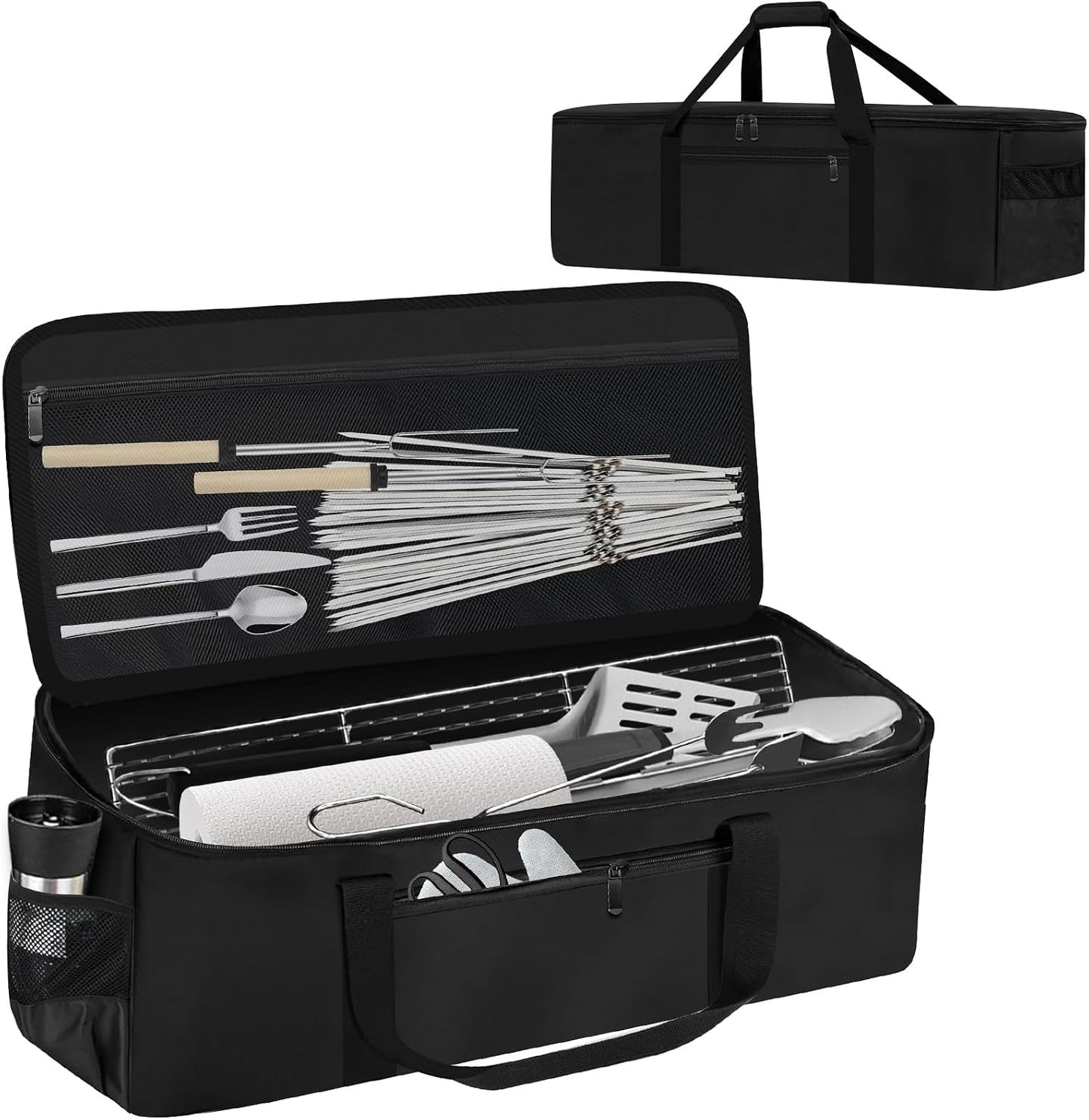 Grill Tool Storage Bag, Outdoor BBQ Utensil Storage with Pockets for BBQ Tools up to 22", Large Grilling Utensil Holder Storage Caddy, Barbecue Tool Sets Case for Camping Picnic,Bag Only,Black