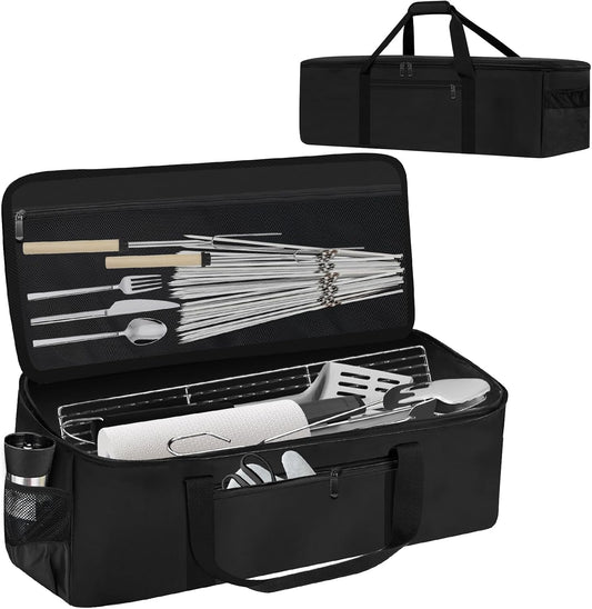 Grill Tool Storage Bag, Outdoor BBQ Utensil Storage with Pockets for BBQ Tools up to 22", Large Grilling Utensil Holder Storage Caddy, Barbecue Tool Sets Case for Camping Picnic,Bag Only,Black