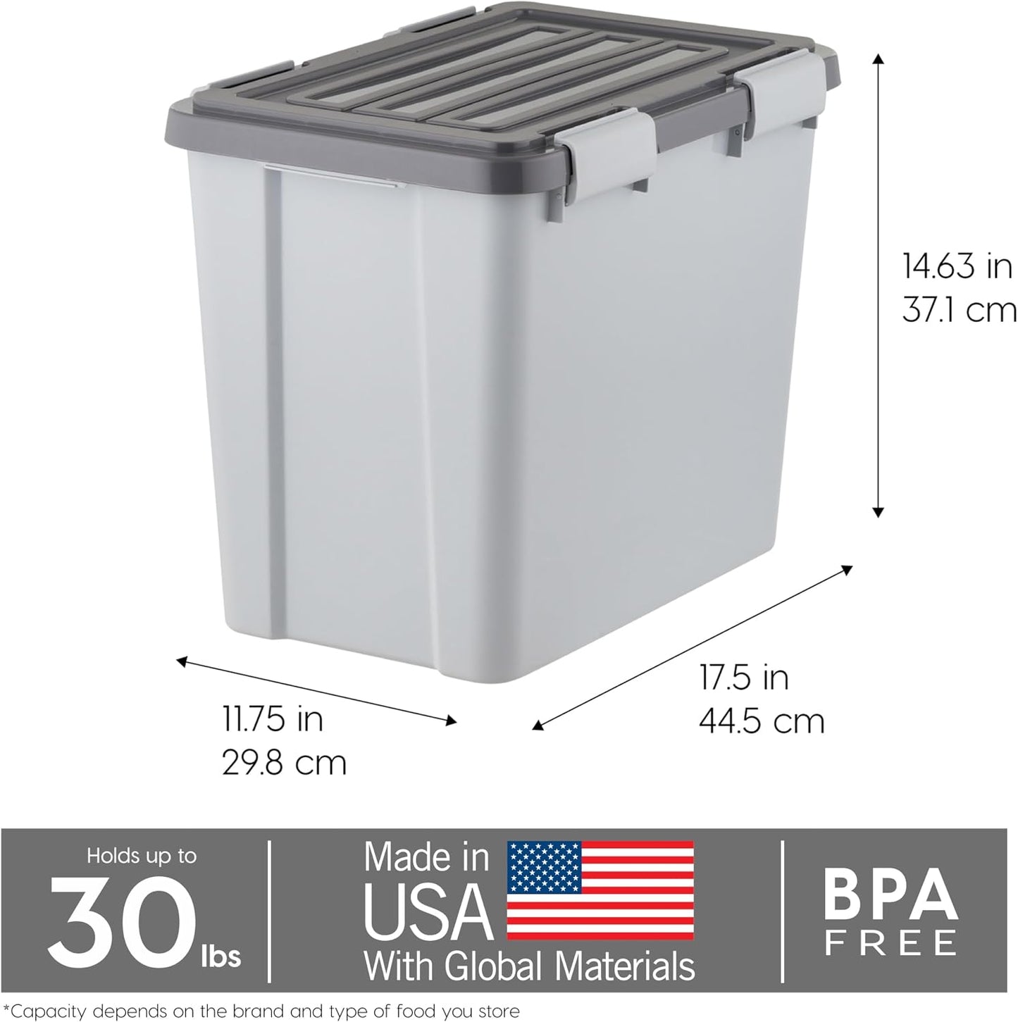 IRIS USA Stackable Dog Food Storage Container with 2 Cup Scoop, 4 Secure Latches, Fits up to 30 lbs, Pet Dry Food Bin, Gasket Seal Lid, BPA Free, Stackable, Easy Measure, White
