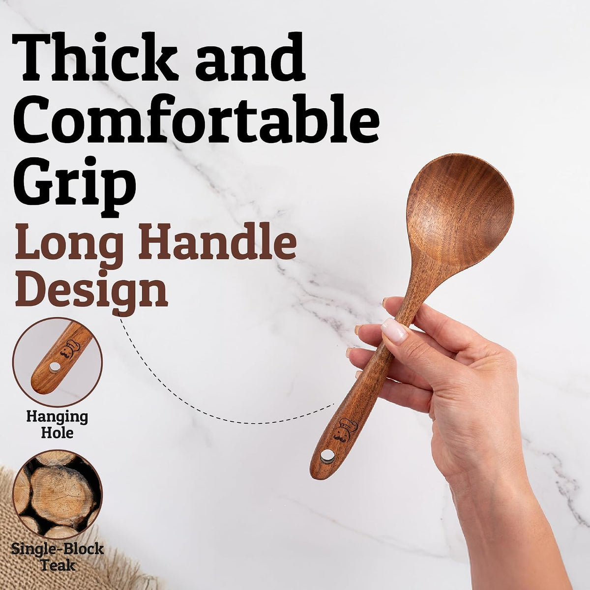 PriorityChef Wooden Slotted Spoon - Premium Teak Cooking Utensil for Frying, Straining & Serving - Long Handle Kitchen Spoon for Nonstick Cookware - Handcrafted Durable Wood