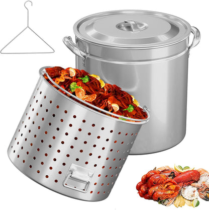 Bonnlo 30QT Aluminum Stock Pot for Boiling Seafood, Crawfish & Crab, Frying Turkey & Steaming Tamales, Large Boil Pot with Strainer Basket, Lid, Lifting Hook & Steamer Rack for Outdoor Cooking