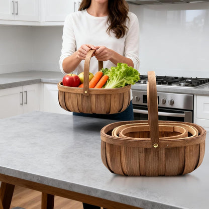 3 Pack Wooden Bread Baskets, Handmade Woven Wood Chip Picnic Basket with Handles, Storage Organizer for Vegetable Fruit Wedding - 3 Size
