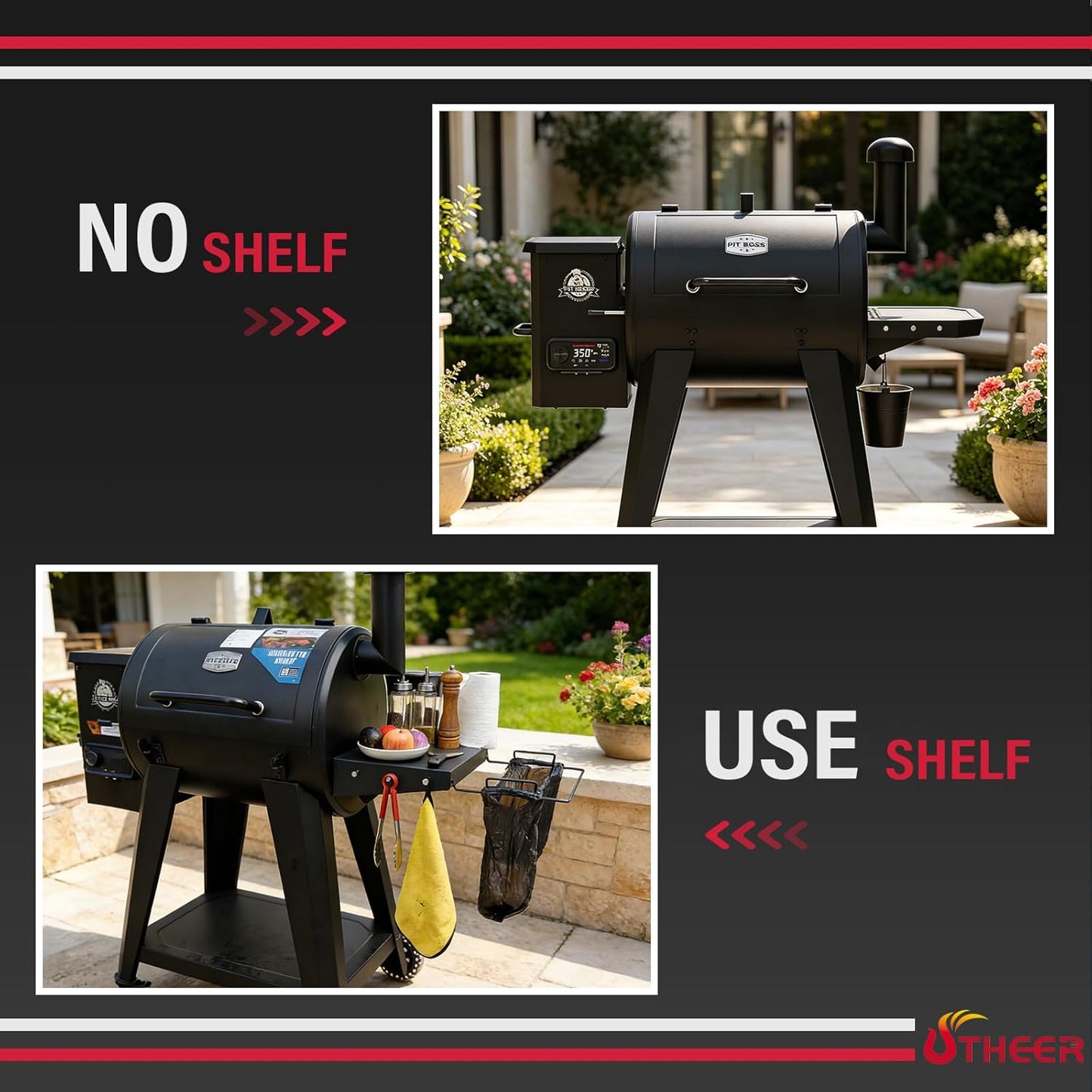 Upgraded Grill Table for Weber Kettle 22"/18"/26", Master Touch 22", Smokey Mountain, Recteq Pellet Grill RT-B380, Prep Station with Cutting Board, Basin, 4 Hooks, Shelf for Weber Kettle Accessories
