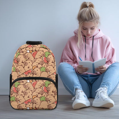Cute Capybara Pizza Backpack for Girls, 5 Pcs Boys School Bag Set for Kids, 17 Inch Backpacks Lunch Pencil Box Reusable Utensils Case Set for Middle Elementary School, 3rd Grade Backpack