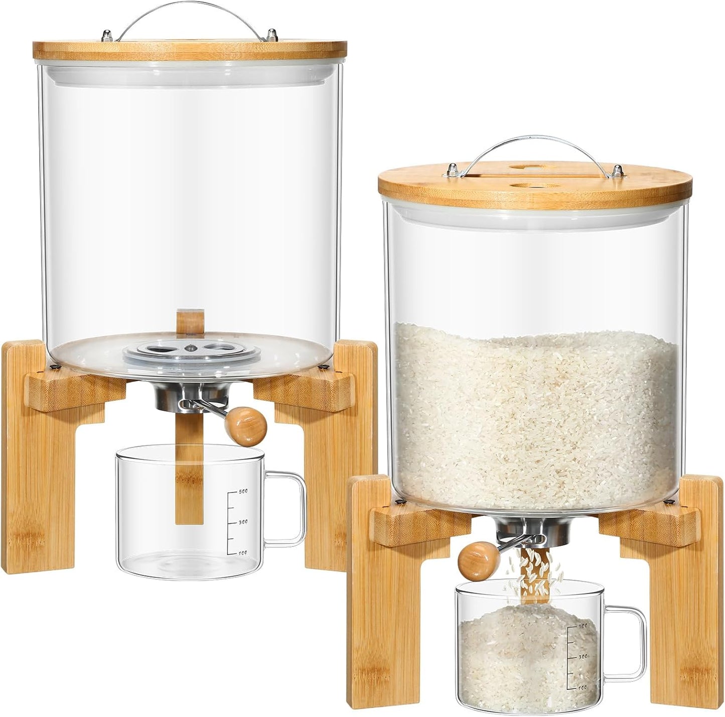 Zhehao 2 Pcs 5L Glass Rice Dispenser Rice Storage Container Flour Cereal Dispenser Container Holder with Wooden Stand Airtight Bamboo Lid and Measuring Cup for Pantry Sugar Coffee Beans Kitchen Food