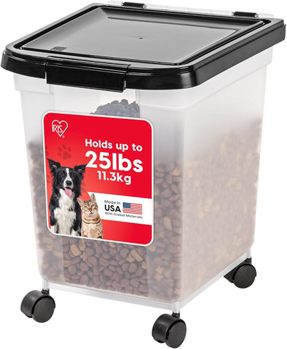 IRIS USA Airtight Dog Food Storage Container, WeatherPro, Up to 25 lbs, Removable Wheels, for Dog Cat Bird and Other Pet Food Storage Bin, Keep Fresh, Translucent Body, Made in USA, Clear/Black