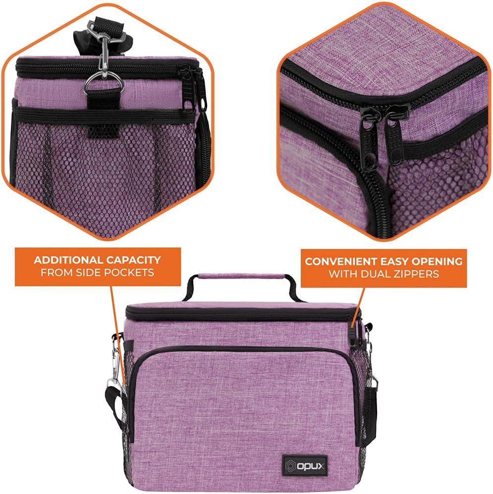 opux Insulated Lunch Bag for Men Women, Large Dual Compartment Cooler Bag, Soft Two Deck Lunch Box for Work School Picnic, Leakproof Lunch Tote with Shoulder Strap for Kid Adult (Purple, Double Deck)