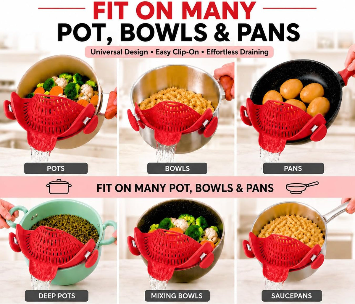 Clip On Pot Strainer for Pots, Pans & Bowls, Silicone Heat Resistant Food Grade Pot Colander, Pasta & Cooking Drainer, Hands-Free Kitchen Strainer with Universal Clip, Dishwasher Safe, Green