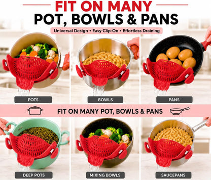 Clip On Pot Strainer for Pots, Pans & Bowls, Silicone Heat Resistant Food Grade Pot Colander, Pasta & Cooking Drainer, Hands-Free Kitchen Strainer with Universal Clip, Dishwasher Safe, Green
