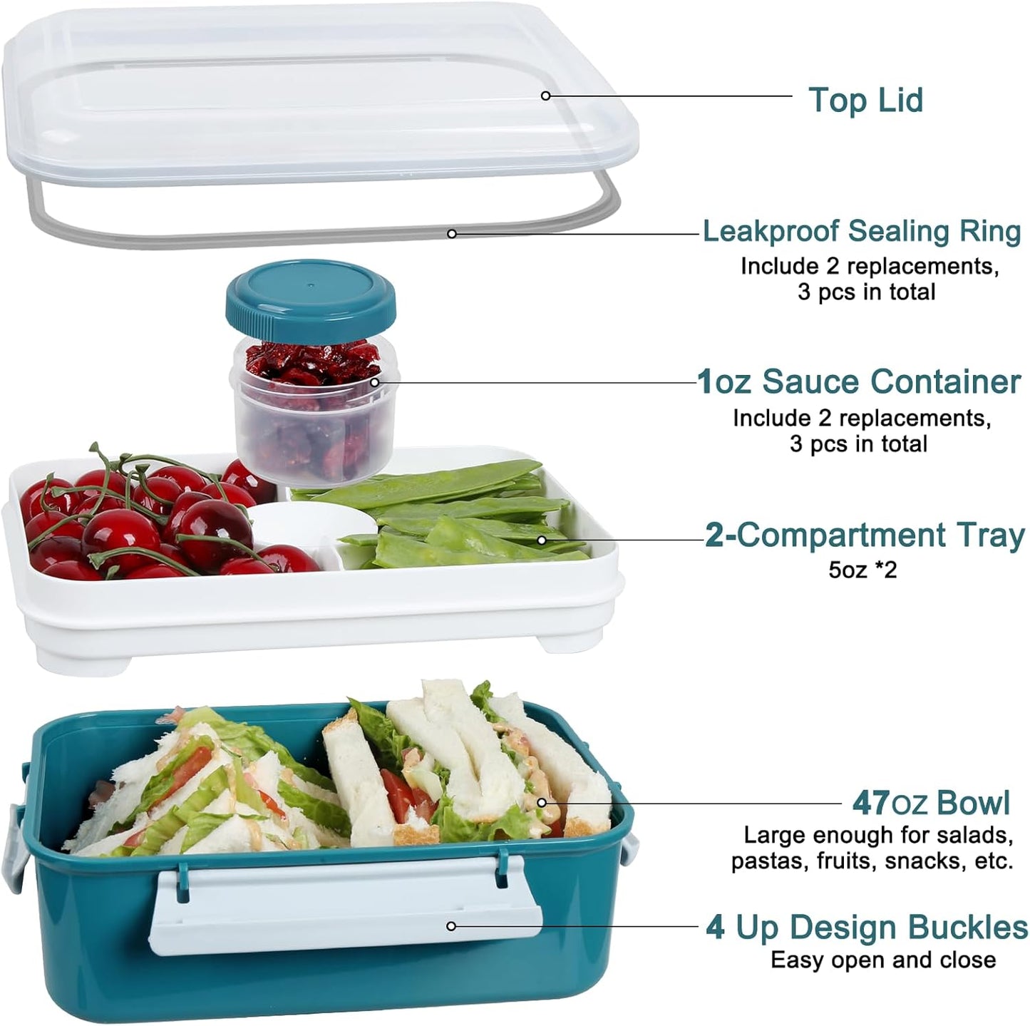 3 Pack Salad Lunch Box Food Storage Containers, 47oz Bento Box To Go Container with Lids, Reusable Meal Prep Containers with Removable Tray & Dressing Pots for Kids and Adults, Microwave Safe