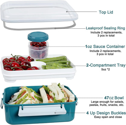 3 Pack Salad Lunch Box Food Storage Containers, 47oz Bento Box To Go Container with Lids, Reusable Meal Prep Containers with Removable Tray & Dressing Pots for Kids and Adults, Microwave Safe