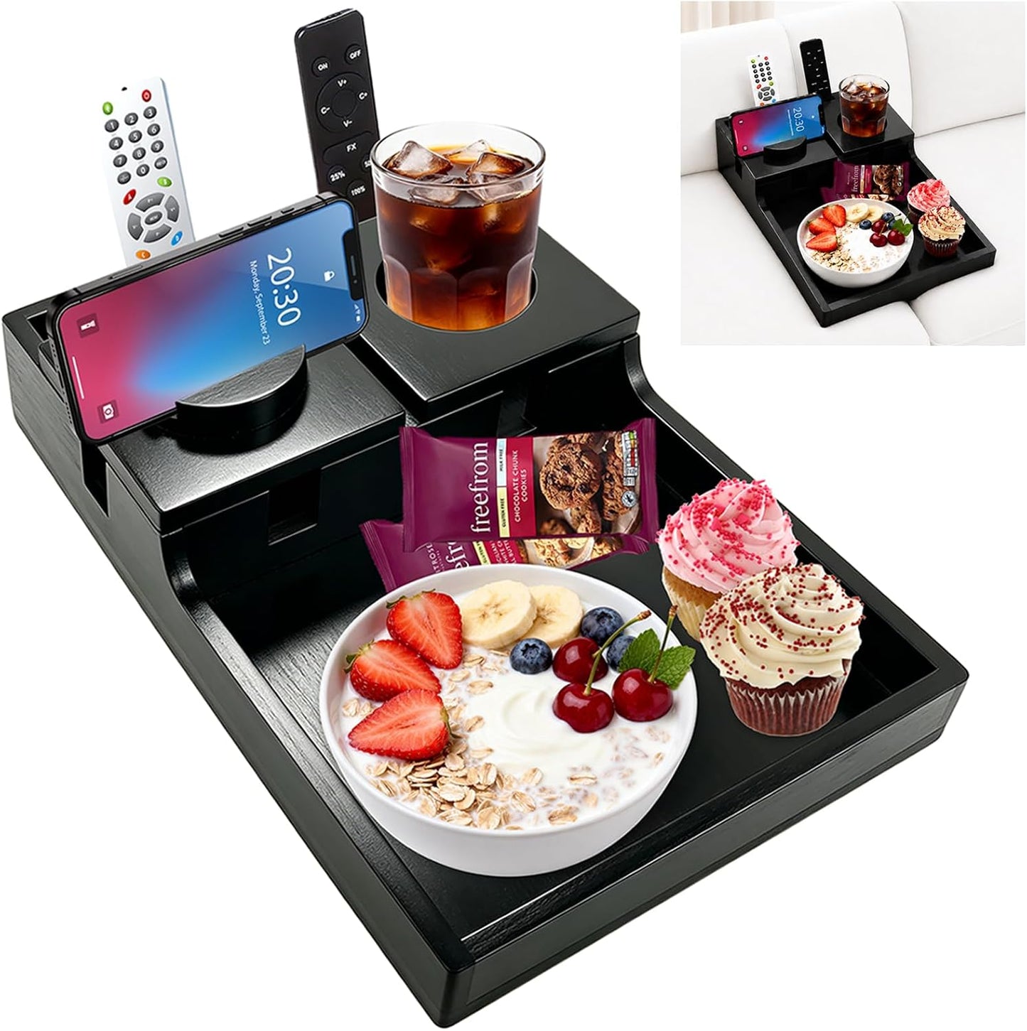 2-in-1 Bamboo Couch Tray – Insert & Flat Sofa Organizer with Anti-Slip Base,360° Rotating Phone Holder,Cup Holder, 15.3x9.8 in, Fit Seat Gaps or Armless,Sectional Sofa
