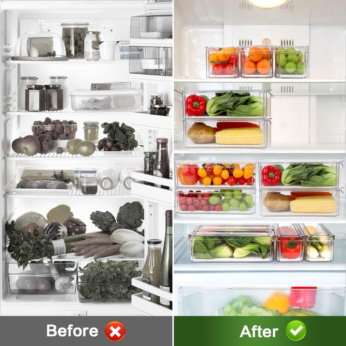 ZIJUND 14 Pack Fridge Organizer, Stackable Refrigerator Organizer Bins with Lids, BPA-Free Fridge Organizers and Storage Containers for Fruit, Vegetable, Food, Drinks, Cereals, Clear