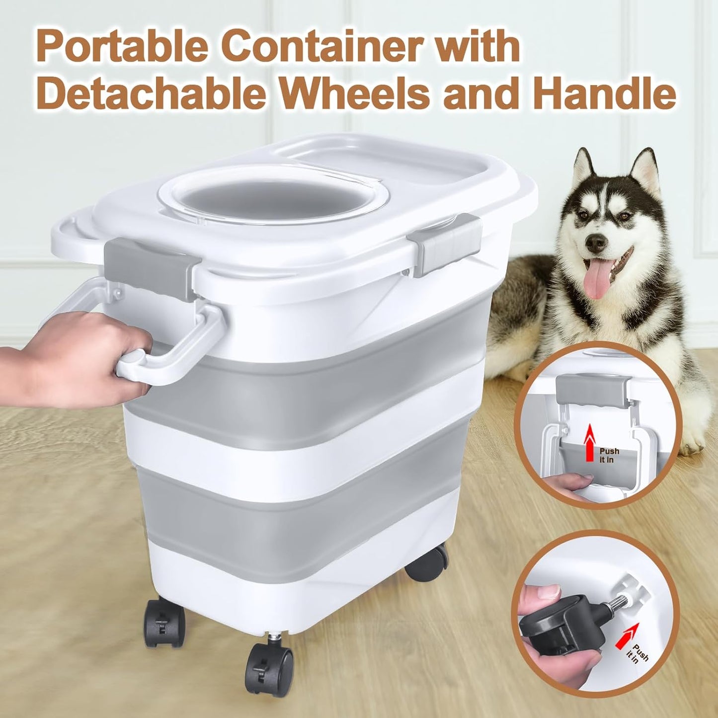Dog Food Storage Container，10-25 lbs Airtight Collapsible Cat Food Storage Container with Attachable Wheels, Portable Handle, Dog Food Scoop for Dog Cat Bird Pet Dry Food Storage Bin Light Grey
