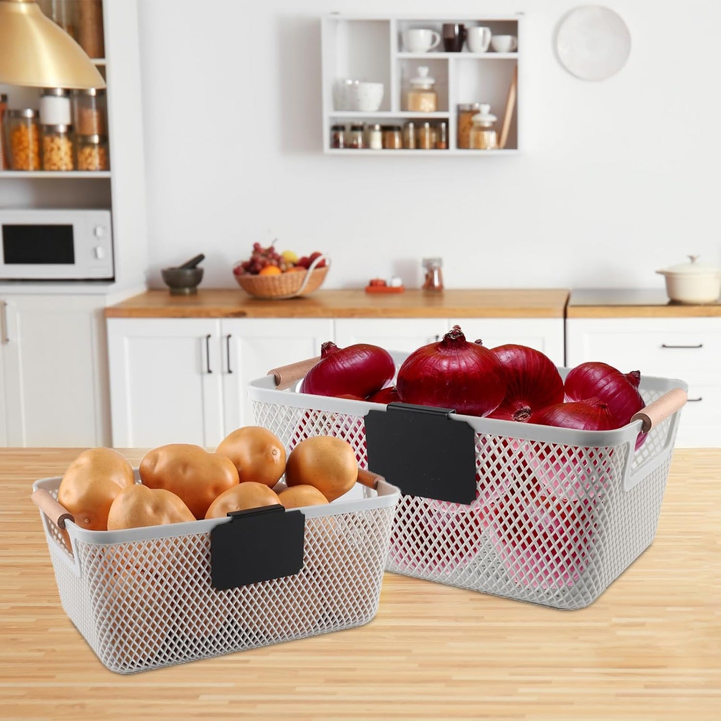 Onion and Potato Storage Baskets,A set of 2 Wooden Handle storage Basket Stackable Plastic Pantry Bins, Multifunctional Organizers for Kitchen, Countertop, and More Vegetable Storage Box (Black-2pack)