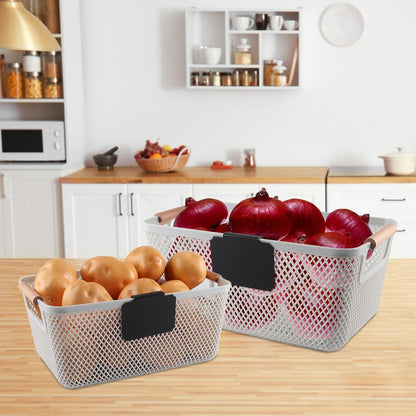Onion and Potato Storage Baskets,A set of 2 Wooden Handle storage Basket Stackable Plastic Pantry Bins, Multifunctional Organizers for Kitchen, Countertop, and More Vegetable Storage Box (Black-2pack)
