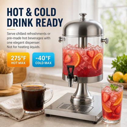 4.4 Gallon Beverage Dispenser with Ice Core | Stainless steel drink dispenser with stand and ice core for cold drinks, juice, lemonade, iced tea, parties, and events.