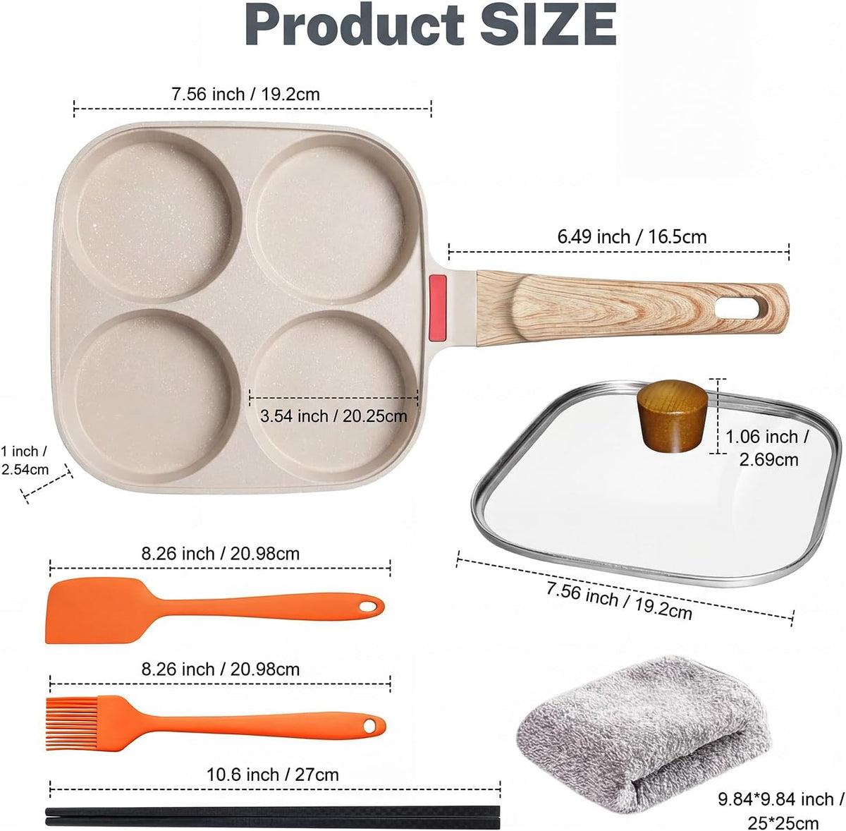 Ywmoml 4‑Cup Nonstick Egg Pan Set with Lid, Includes Silicone Scraper, Oil Brush, Chopsticks & Cleaning Cloth – Compatible with Gas & Induction Cooktops