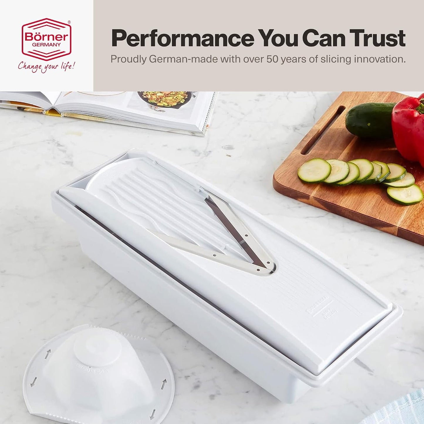 Swissmar V-Prep™ Mandoline Slicer – Versatile Kitchen Slicer for Julienne, Shred, Cube & Slice – Includes Multi-Function Bowl & Safety Holder – Essential Kitchen Gadget – White