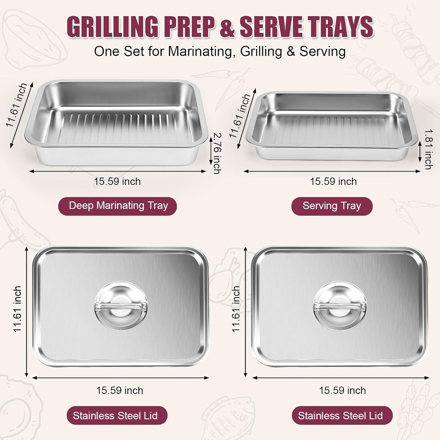 Grill Prep Trays Sets of 5, Stainless Steel Large Capacity Grilling Prep and Serve Trays Set, Marinade Containers with Lids, and Cutting Board, BBQ Grill Trays Accessories Gifts for Men
