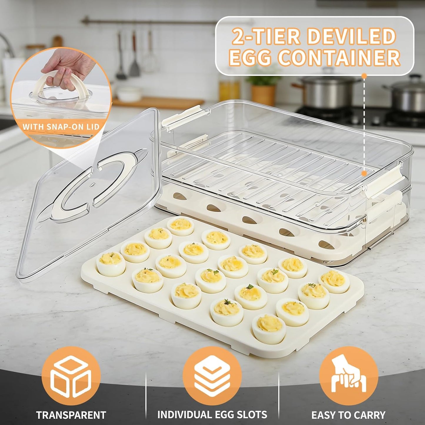 Deviled Egg Containers with Lid, 2 Layer Plastic Clear Deviled Egg Carrier with Lid, Storage 40 Eggs, Durable Eggs Holder with Handle for Easy Carry, Portable Tray Platter for Fridge, Travel and Party