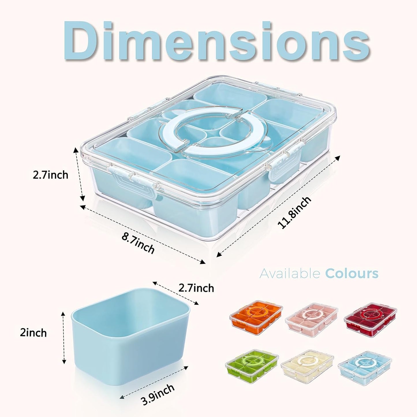 U-QE Dishwasher Safe Snackle Box Container with 8 Small Snacks Box - Premium Ivory Plastic Divided Serving Tray with Lid and Handle for Snack, Veggie, Fruits, Perfect for Party, Picnic, Entertaining