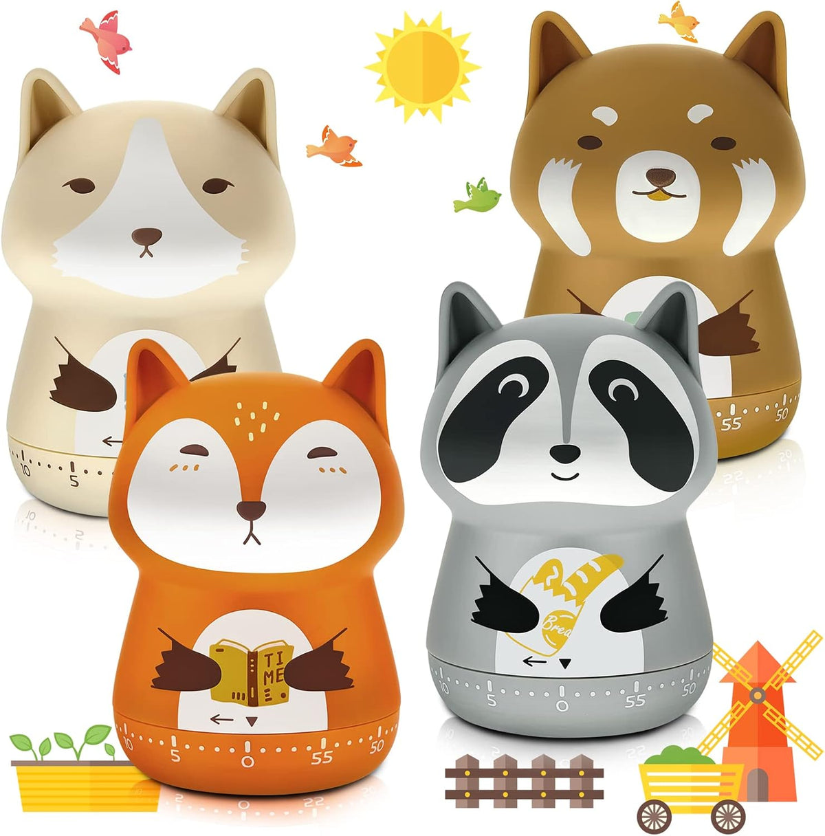 Amylove 4 Pcs Cute Mechanical Kitchen Timer Forest Animals 60 Minutes