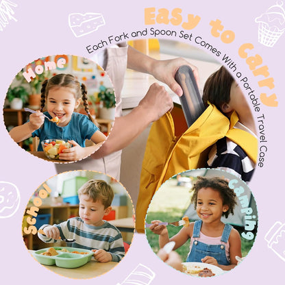 2-Piece Kid Utensils Set, 304 Stainless Steel Kids Fork and Spoon for Self-feeding, Safe Kid Silverware with storage case for School Lunch, Travel & Outdoors, Dishwasher Safe (Purple)