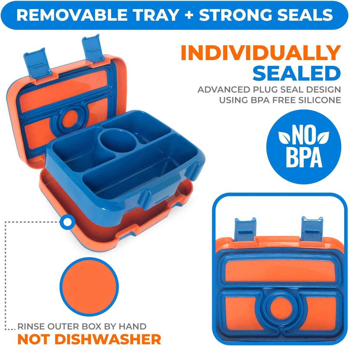 Kids Lunch Box - Bento Box for Boys Toddler Daycare, 4 Portion Sections with Lid, Snack Container Pre-School Kid Lunches Toddlers Removable Tray BPA Free, 3+ Years Old, Blue Rocket Dinosaur